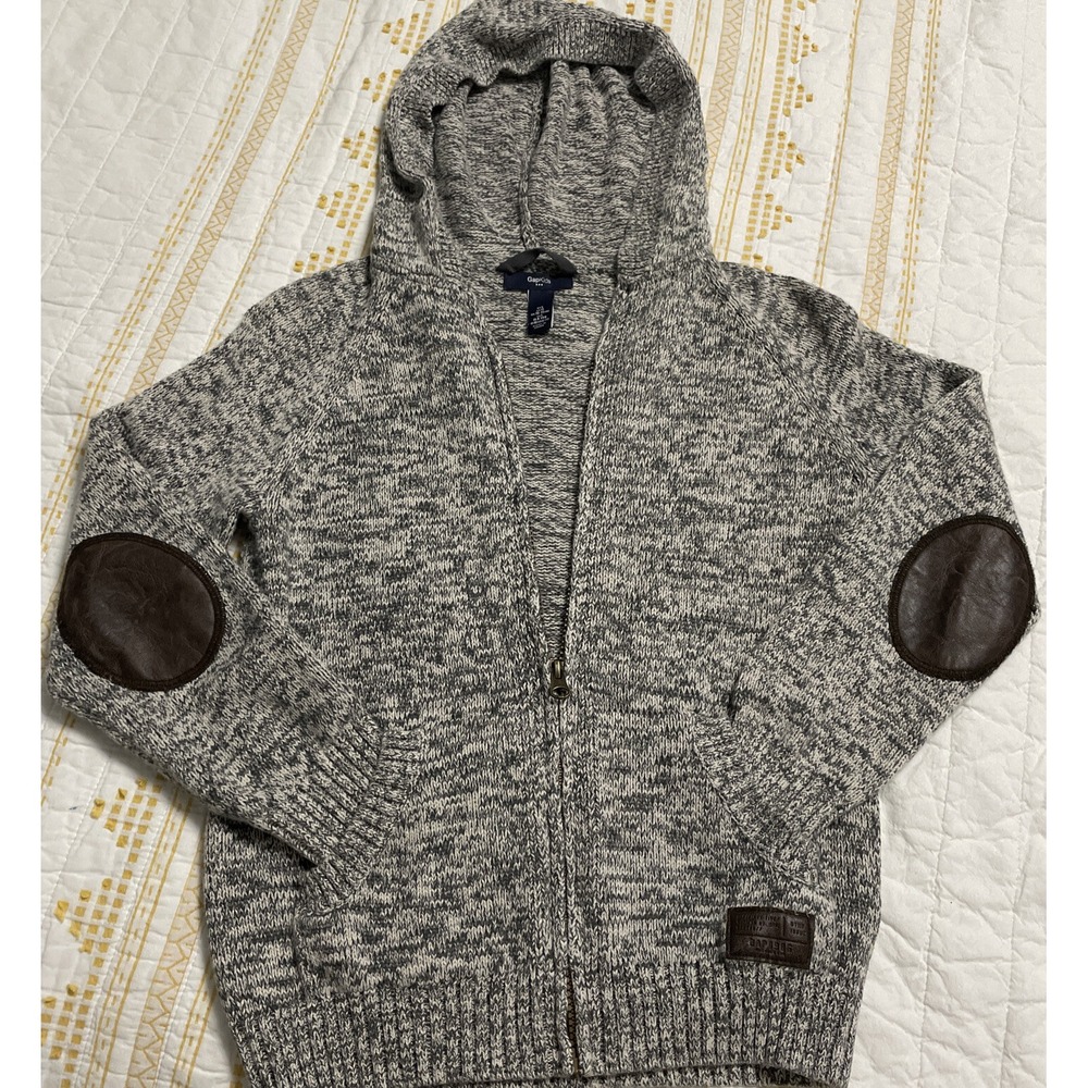 GAP KIDS warm knitted gray Hooded Sweater with leather like elbows SIZE LARGE